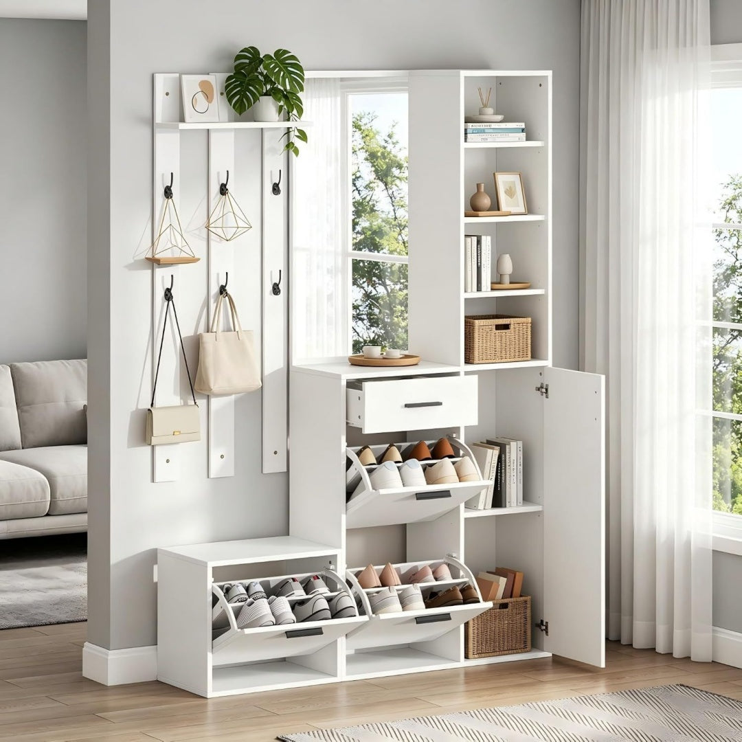 Specchio Mobile Ingresso Appendiabiti 3in1 con Scarpiera, Specchio e Ganci Appendi