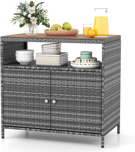 Armadietto da giardino credenza in rattan armadio portaoggetti con piano di lavoro e mensola GIANTEX x x grigio per giardino balcone e piscina 90 53 86