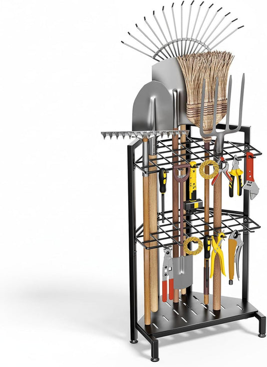 Organizzatore attrezzi da giardino a 3 livelli metallici per capannone attrezzi da giardinaggio con manici lunghi rastrelli scope garage patio terrazza interni ed