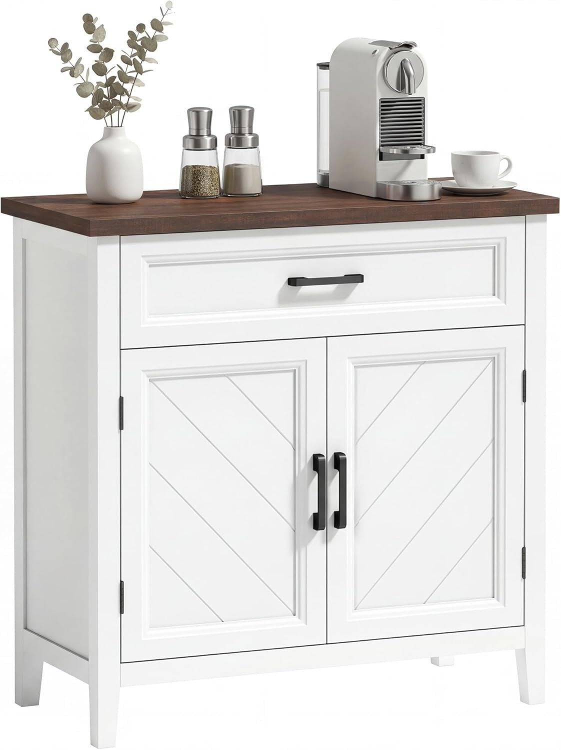 Credenza HOMCOM Cucina con 2 Ante Ripiano Regolabile cm Mobile Cucina Cassetto Piano Effetto Stile Rustico Buffet 76 x 35 x 80 Bianco Legno per Soggiorno Salotto Sala da Pranzo