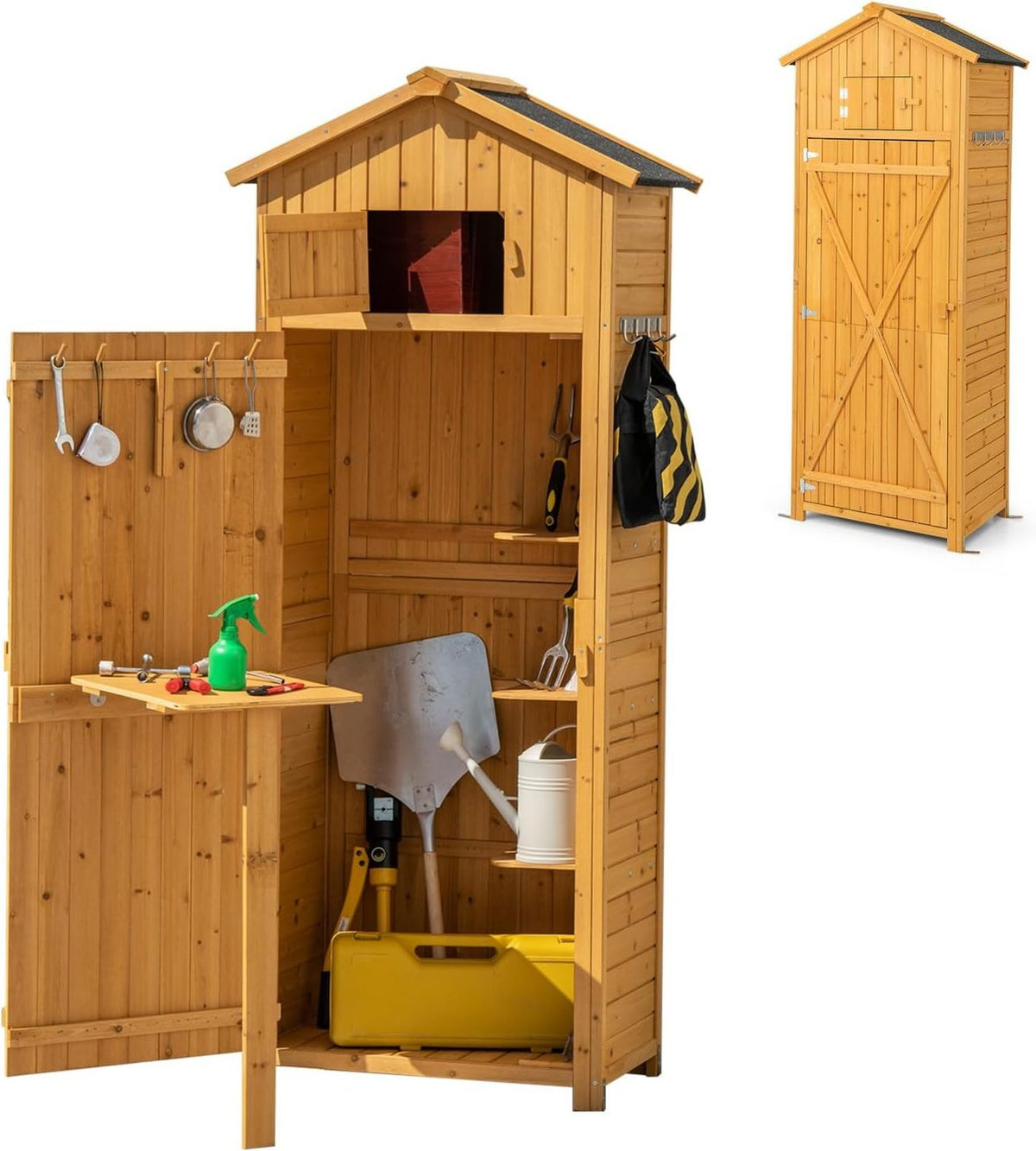 Armadietto KOMFOTTEU Casetta da Giardino in Capanno con Tetto a 2 Falde Scaffale Tavolo Pieghevole 65 42 180 5 cm Naturale x x legno Colore per Attrezzi Multifunzione Armadietto da