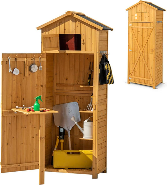 Armadietto KOMFOTTEU Casetta da Giardino in Capanno con Tetto a 2 Falde Scaffale Tavolo Pieghevole 65 42 180 5 cm Naturale x x legno Colore per Attrezzi Multifunzione Armadietto da