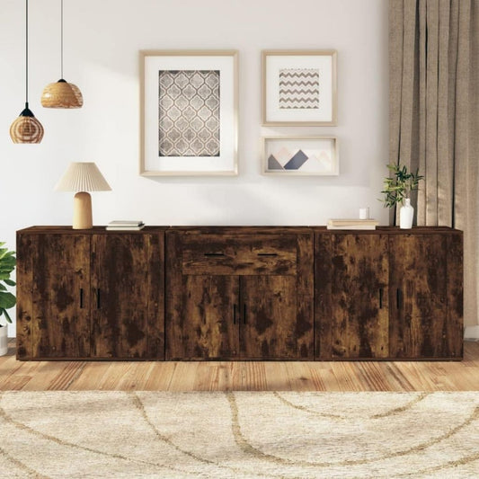 Armadio Casa Giardino, Credenze 3 pz Rovere Affumicato Legno Ingegnerizzato